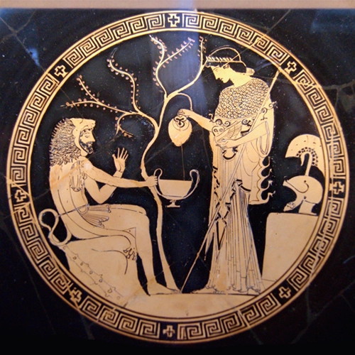 Heracles y Atenea bebiendo vino. Antigua Grecia 480–470 a. C.