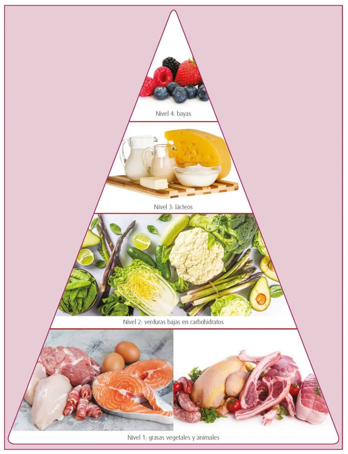 Imagen: La Pirámide keto está conformada por 4 niveles: Carnes de origen animal y grasas vegetales; Verduras bajas en carbohidratos, Quesos y lácteos; y Bayas.