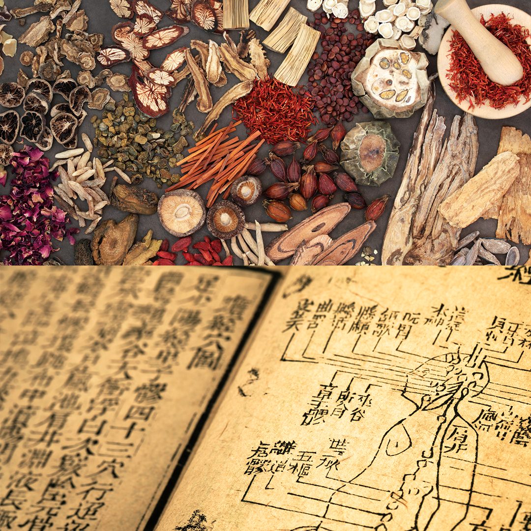 Libro de medicina china junto con hierbas usadas para el tratamiento de enfermedades. Fuente: Archivo fotográfico de Larousse Cocina.