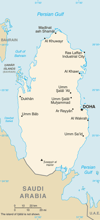 Qatar es una península que se encuentra en el Golfo Pérsico. Fuente: United States Central Intelligence Agency's World Factbook.