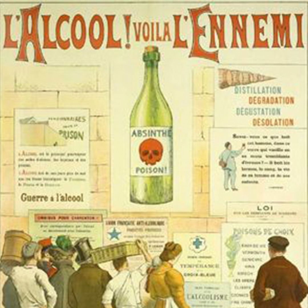 Cartel contra la absenta publicado en 1910. La imagen fue creada por Frédéric Christol, artista y misionero frances. Fuente: Pinterest.