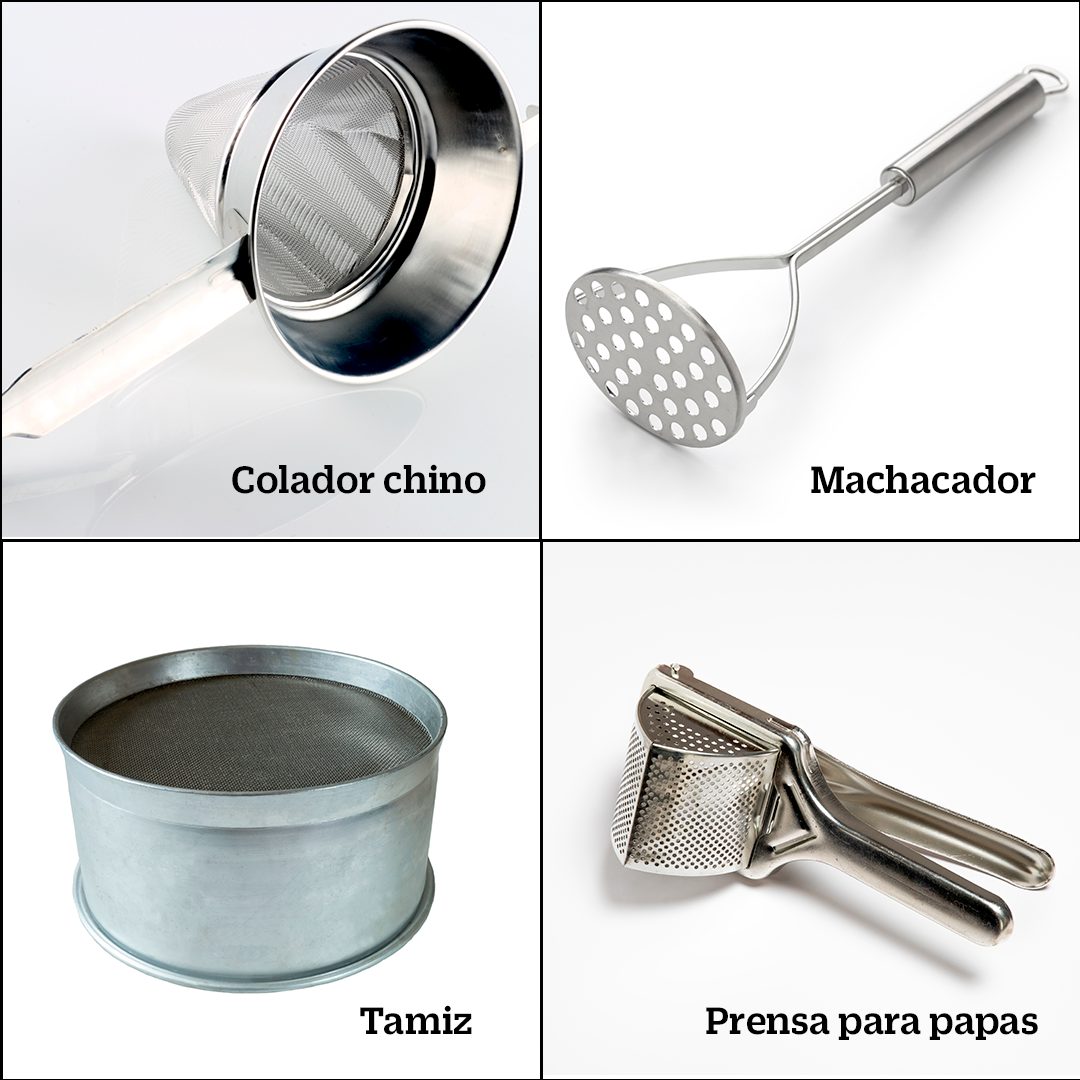 Éstos son los utensilios más utilizados para elaborar el puré de papa. Fuente: Archivo gráfico de Larousse Cocina.