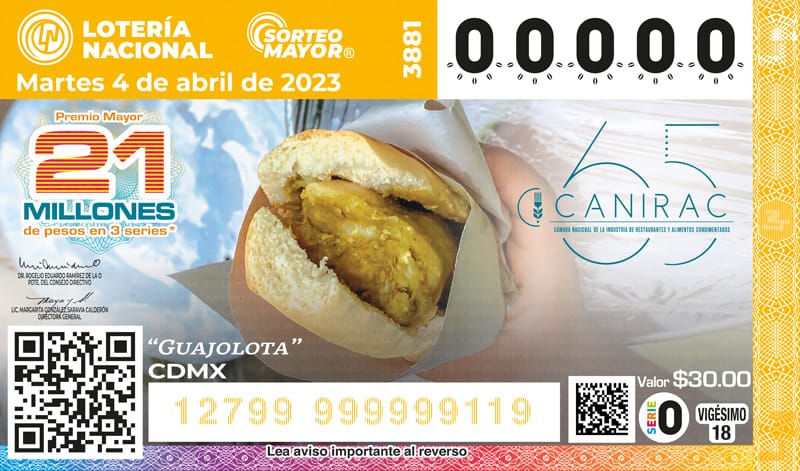 La guajolota de la CDMX es el primer platillo que aparecerá en los cachitos de la Lotería Nacional. Fuente: CANIRAC